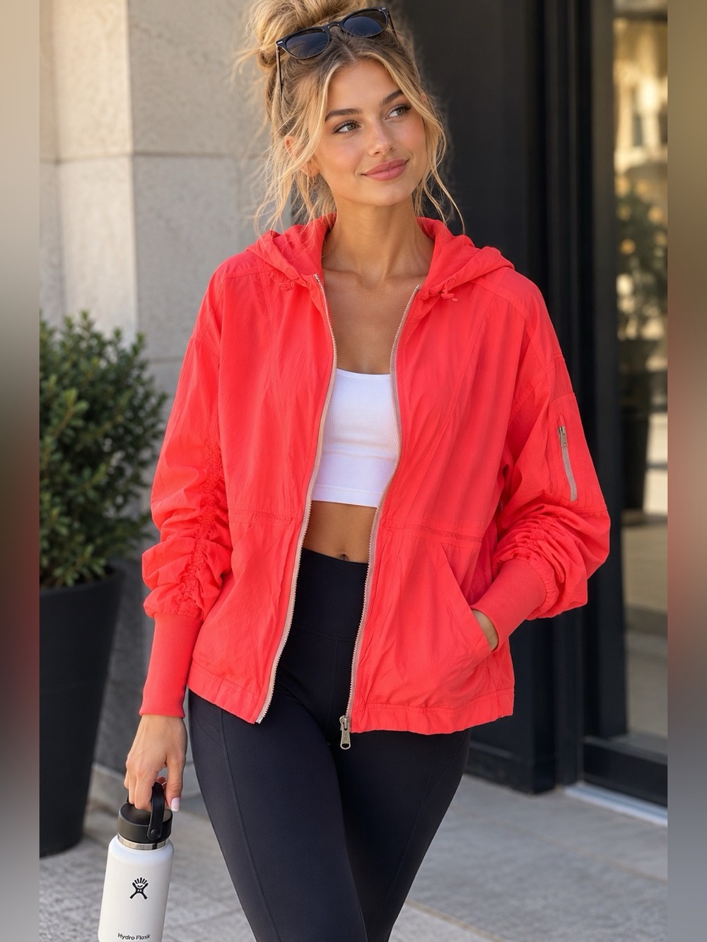 Free People FP Movement Run Wild Vivid Coral Hooded Windbreaker Jacket
